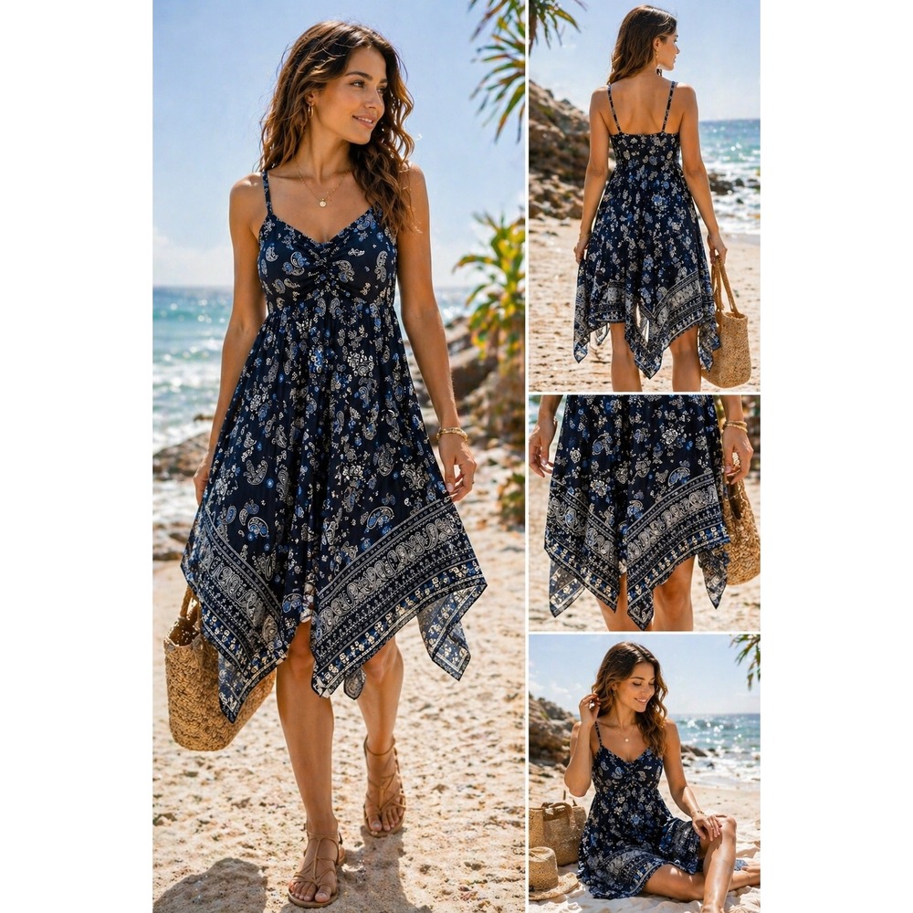 Paisley‎ Hanky Strap Mini Dress Flowy Boho Festival Summer Coastal Navy Jr XL